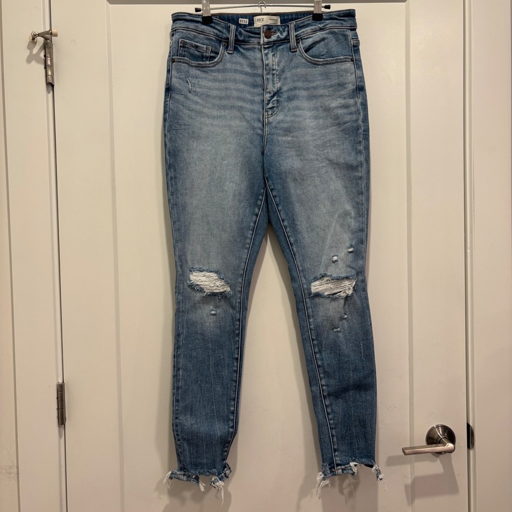 BKE Parker High Rise Ankle Skinny Jeans Distressed Raw Hem 30x27 Medium Wash